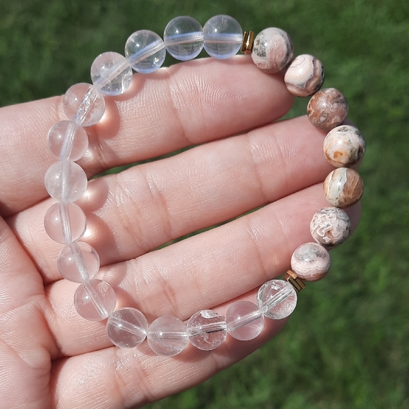 Hand Crafted Jewelry - Natural 8mm Rhodochrosite & Clear Quartz Stretchy Bracelet
